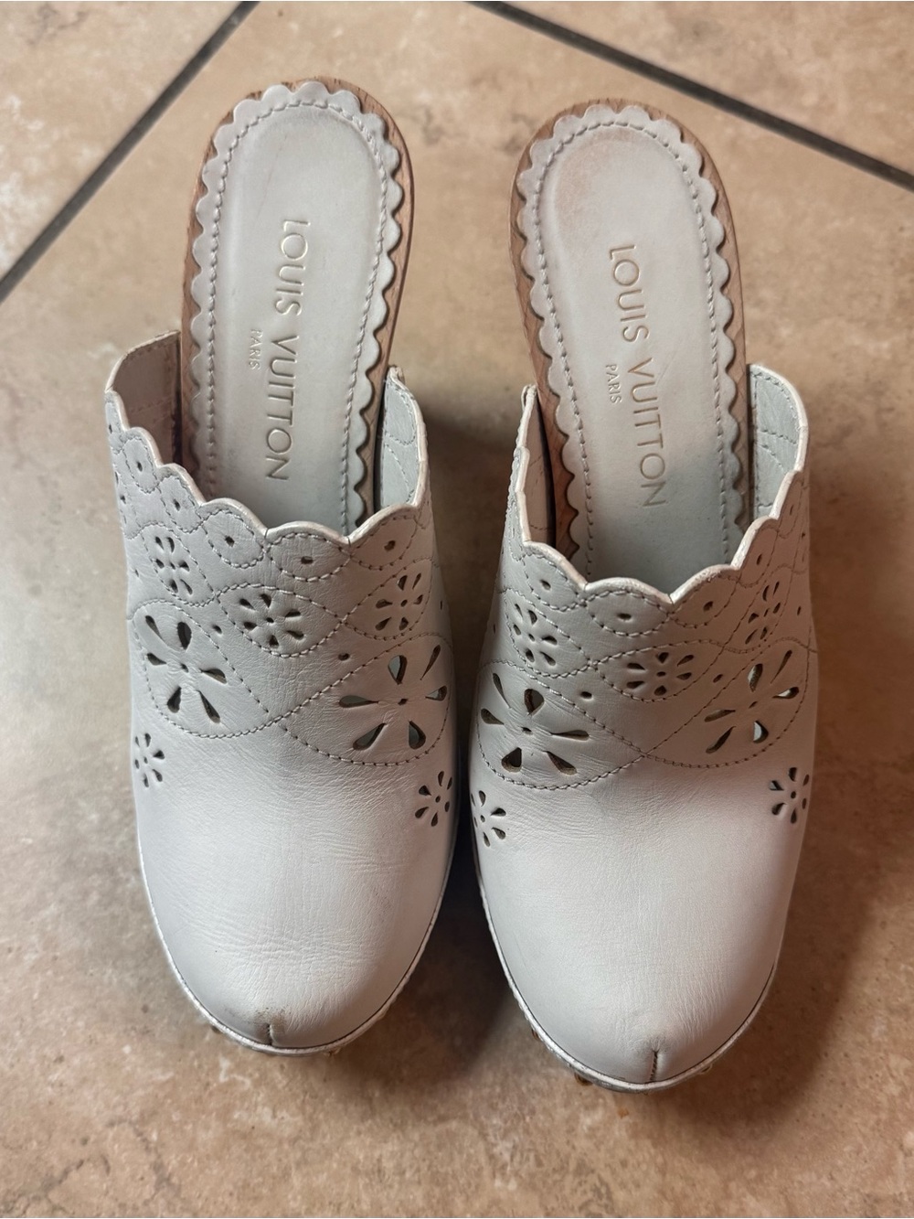 Louis Vuitton White Leather Perforated Scalloped Mules